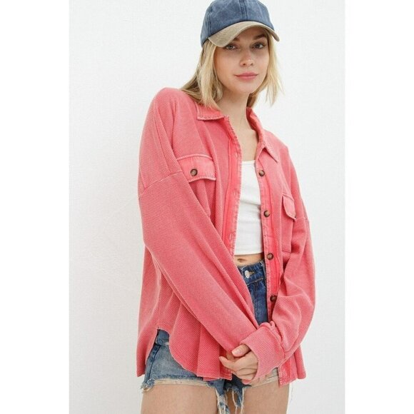 Not Your Boyfriend's Textured Knit Shirt Jacket in Coral - Picture 2 of 6